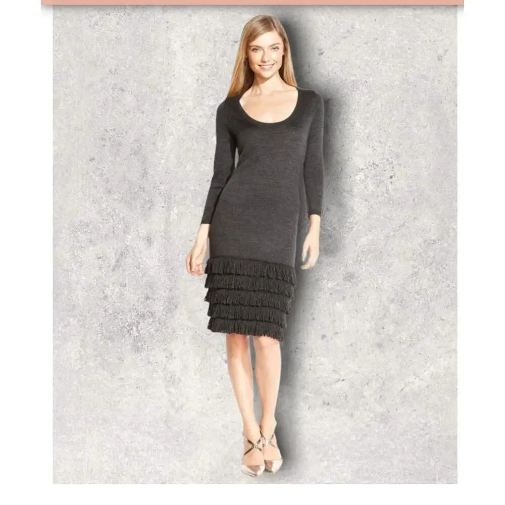 Calvin Klein Gray Charcoal Knit Sweater 3/4 Sleeve Tiered Fringed Hem Dress‎ L